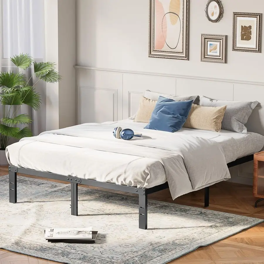 إطار سرير معدني كوين بارتفاع 14 بوصة مع مساحة تخزين، لا حاجة إلى صندوق زنبركي مع دعم شريحة فولاذية قوية، 2200 رطل للخدمة الشاقة