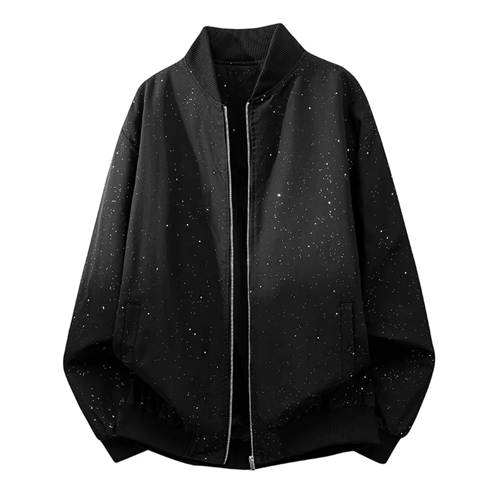 Giacca da uomo stampata con cerniera nera alla moda e a forma di stella, cappotto casual ampio retrò primaverile e autunnale, streetwear coreano