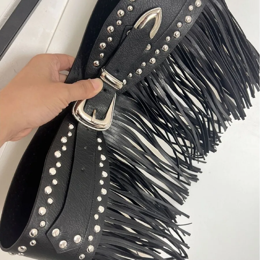 Amber European And American Punk Style Personality Long Tassel Women's Fashion Rivet Wide Belt Waist Skirt