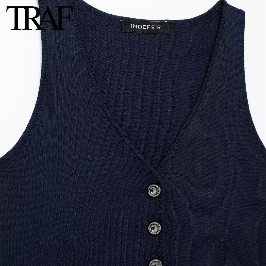 TRAF Women Fashion Spring New Sleeveless V-neck Single Breasted Cardigan Knitted Sweater Short Vest Sweet Chic Ladies Tops