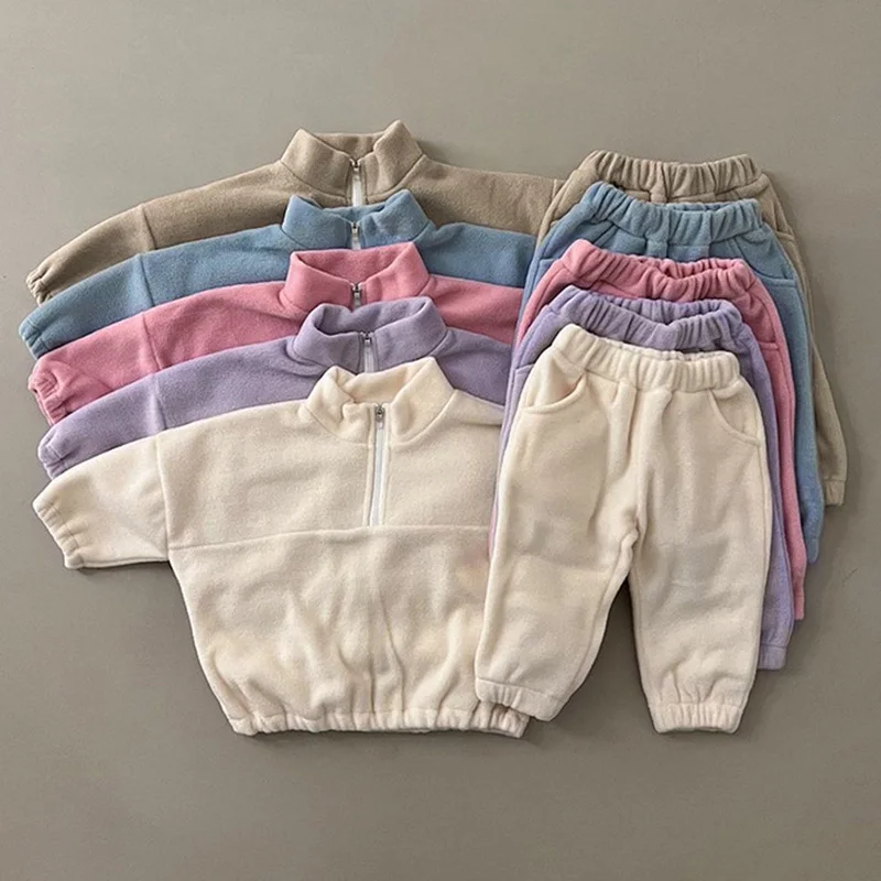 Newborn Baby Boys Girls Clothing Set Long Sleeved Solid Color Pullover Top+Pants Autumn Winter Children Thicken Clothes Suit