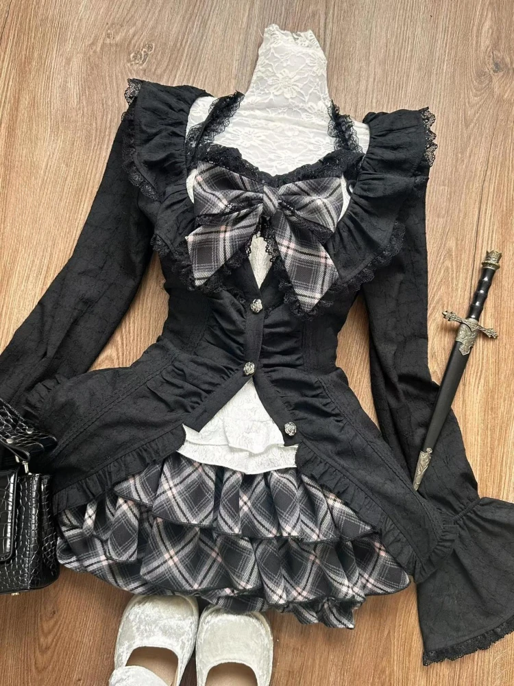 Sweet 3 Piece Sets Women Lace Patchwork Pleated Harajuku Shirt + Bow Halter Vest + Mini Plaid Skirts Y2k Aesthetic Outfits Suit