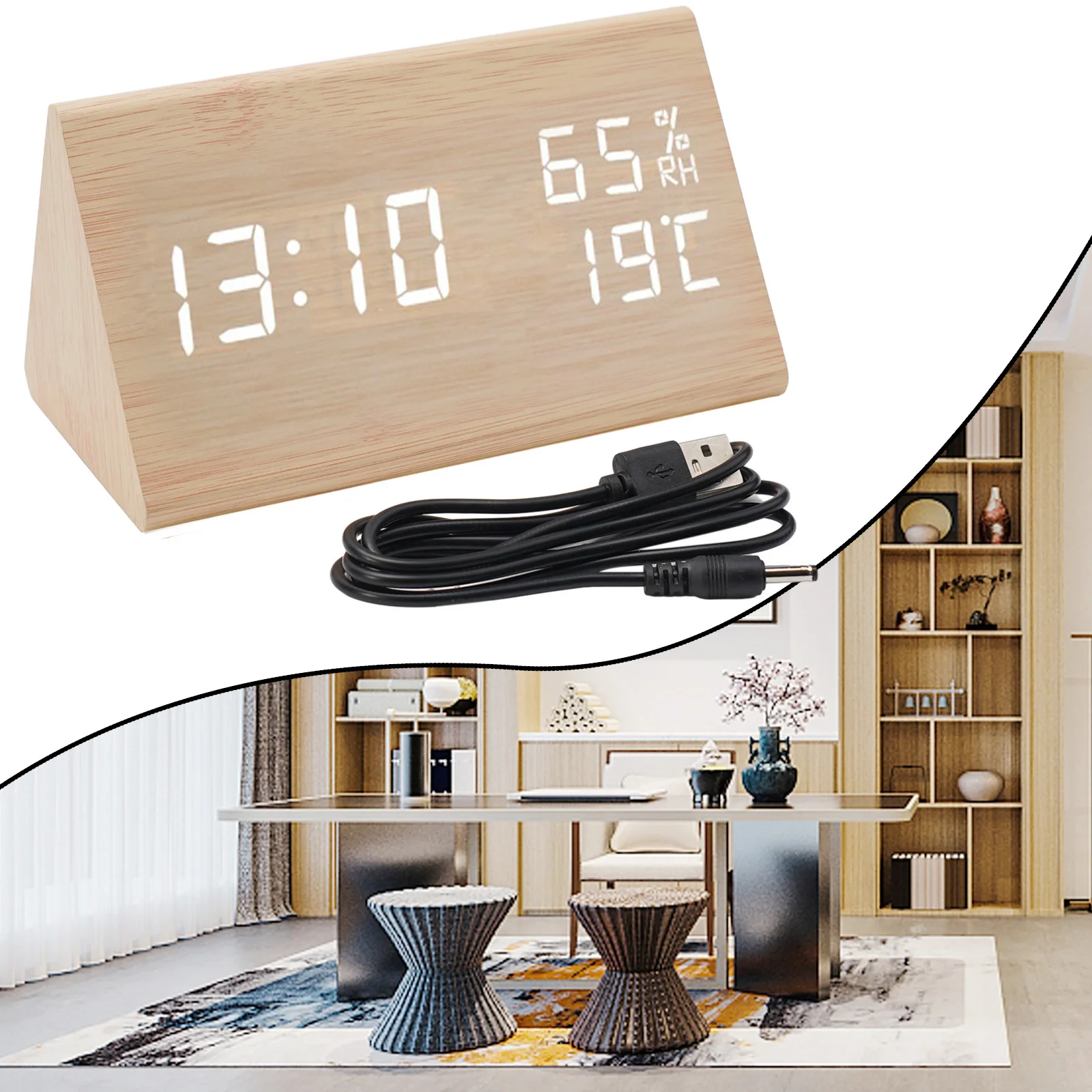 1pcs Digital Clock LED Temperature Display 12/24 Hour Format Beige Wooden Design Compact Size Indoor Temperature Sensor