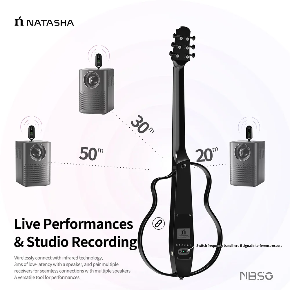 Natasha NBSG guitarra acústica eléctrica, inalámbrica, compacta, de acero, para viaje