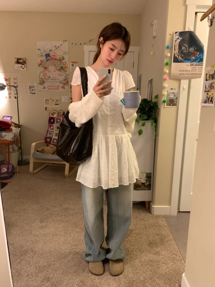 Retro koreański styl, swobodny, ażurowy, z koronkowym wykończeniem, zapinany na guziki, wyszczuplający, uniwersalny, z wysokim stanem, idealny do pracy, na wiosnę i lato...