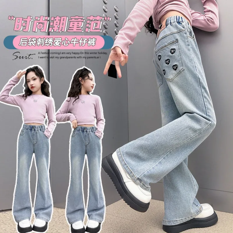 Girls Loose Wide-leg Jeans Bell-bottom Trousers Korean Fashion Embroidery Pocket Denim Pants Spring Autumn Clothing 5-12 Years