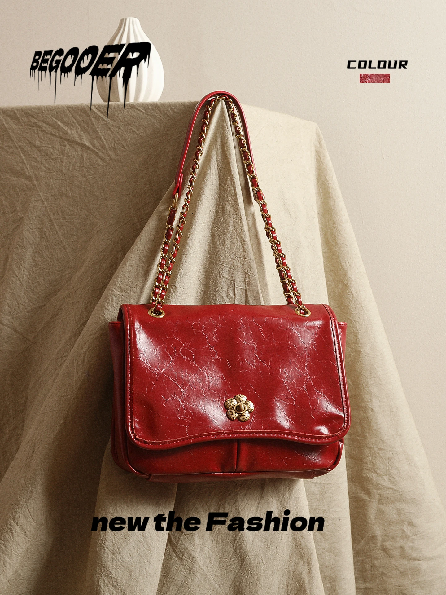 

BEGOOER Red Chain Tote Bag Large Capacity Commuter Women's Bag Casual Simple Style Single Shoulder Slant Cross Bag