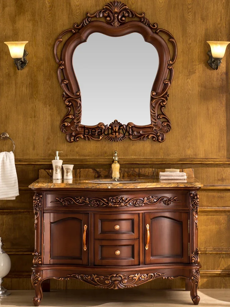 

High-End European Oak Bathroom Cabinet Combination Washbasin Cabinet Washstand Wash Basin Cabinet Marble Countertop