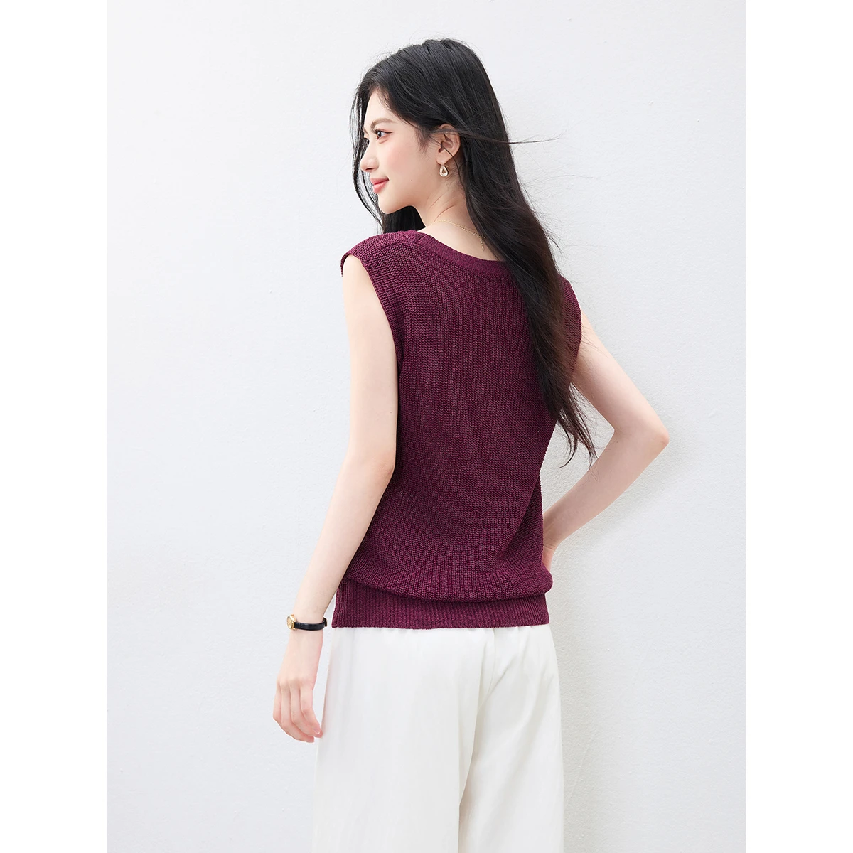 VIMLY Women Simple Tanks 2026 New Summer Purple V Neck Sleeveless Knitted Vest with Shell Commuter Top Casual Wear 75368