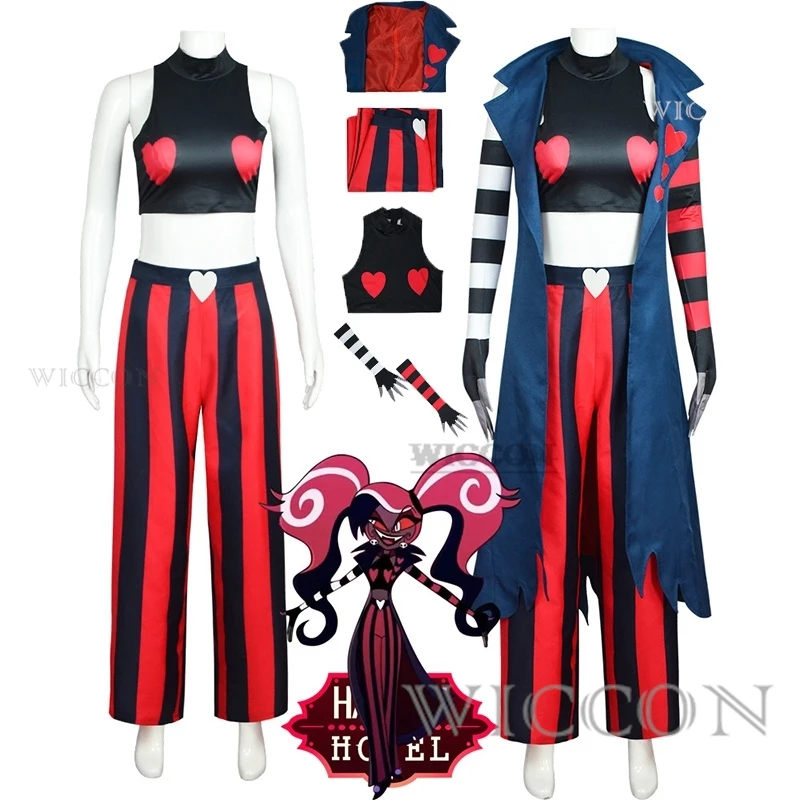 

Anime Hazzbin Velvet Cosplay Costume Uniform Cosplay Fashion icon Sexy Red black Stripes Woman Halloween Party Cosplay