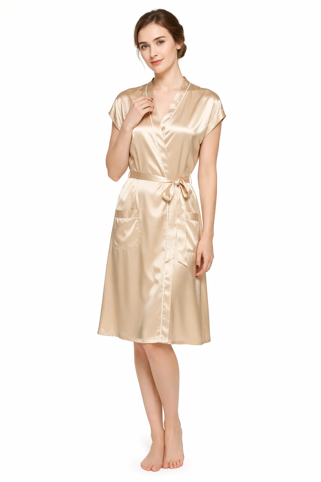 100% Mulberry Silk V‑Neck Nightgown Women Solid Color Short Sleeve A‑Line Sleep Dress Custom Logo wear Wholesale