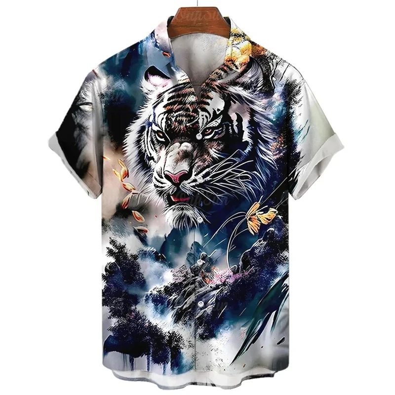 Camisa hawaiana con estampado de tigre en 3d para hombre, camisa de manga corta con gráfico de bestia feroz, informal, fresca, de gran tamaño, blusa de calle