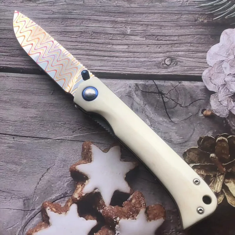 

High end Damascus VG10 steel folding knife, polished white cow bone handle, sharp hunting knife, camping EDC bearing knife