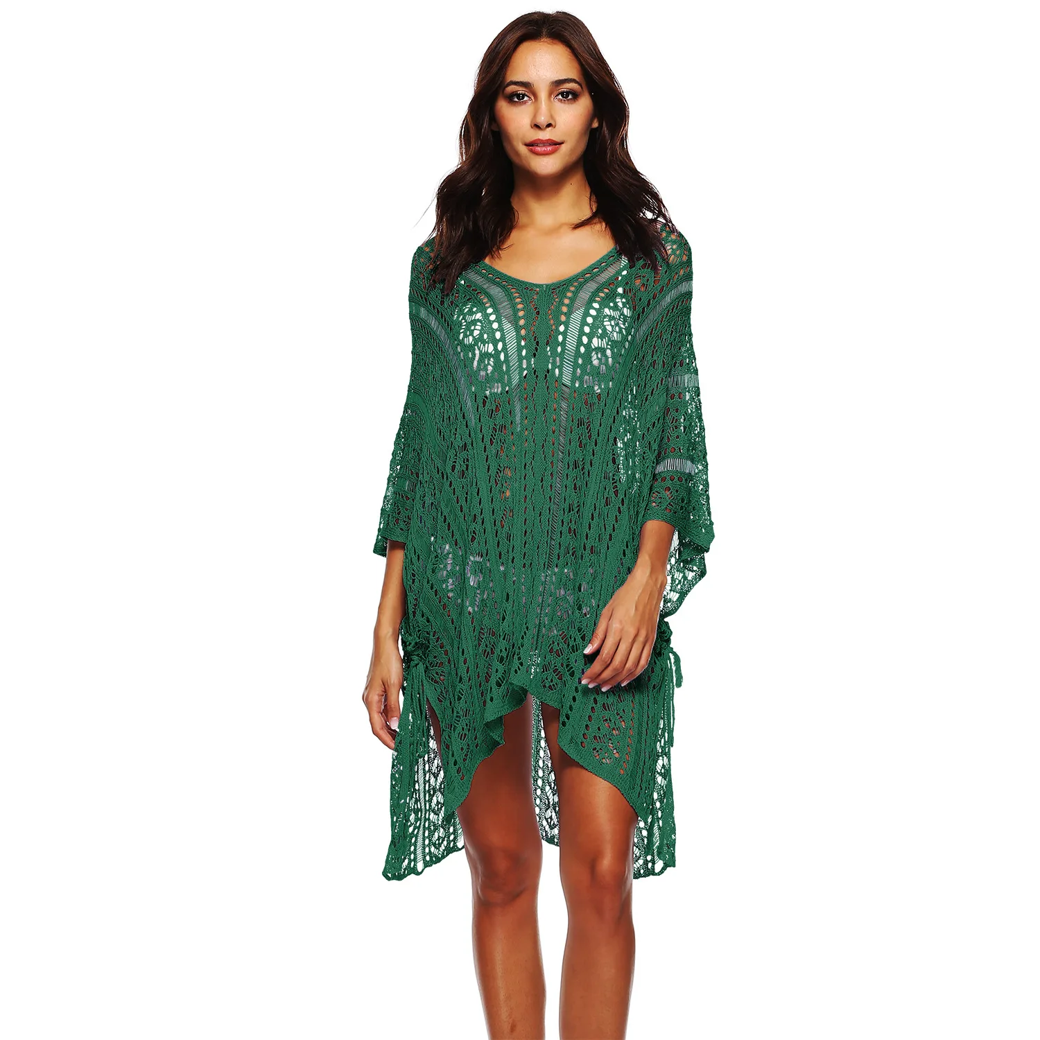 2023 Spring Summer European American Women's Hand Crochet Flower Hollow V-neck Dress Beach Sunscreen Lady Blouse Green