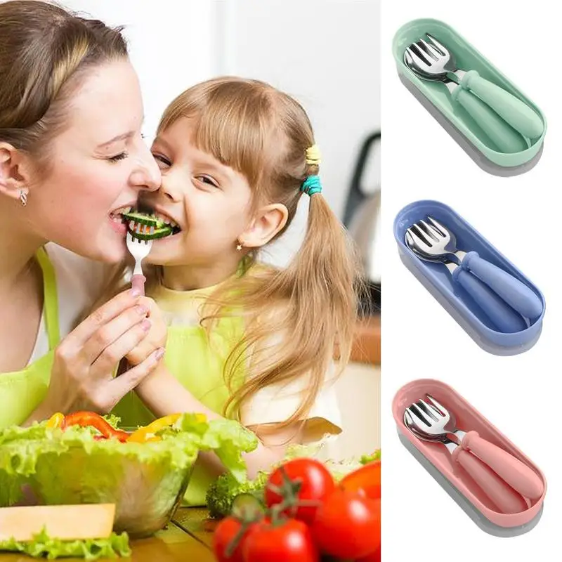 Stainless Kids Funny Fork Spoon Set with Container Box Children Cartoon Tableware Portable Storage Baby Feeding Utensils