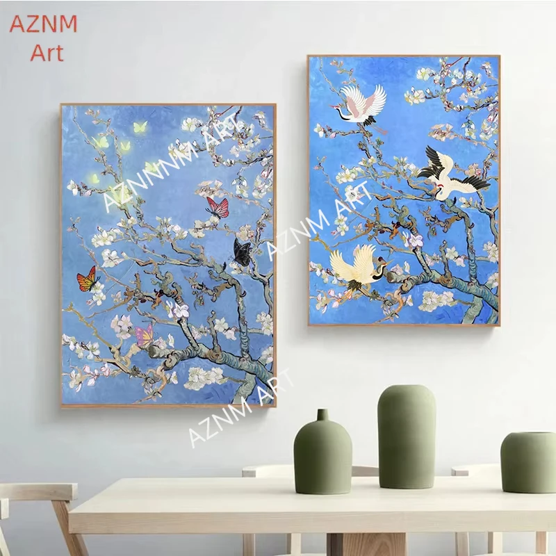 Butterfly Bird on Van Gogh Almond Blossom Canvas Painting Wall Art Impressionist Flowers Poster Print for Living Room Home Decor