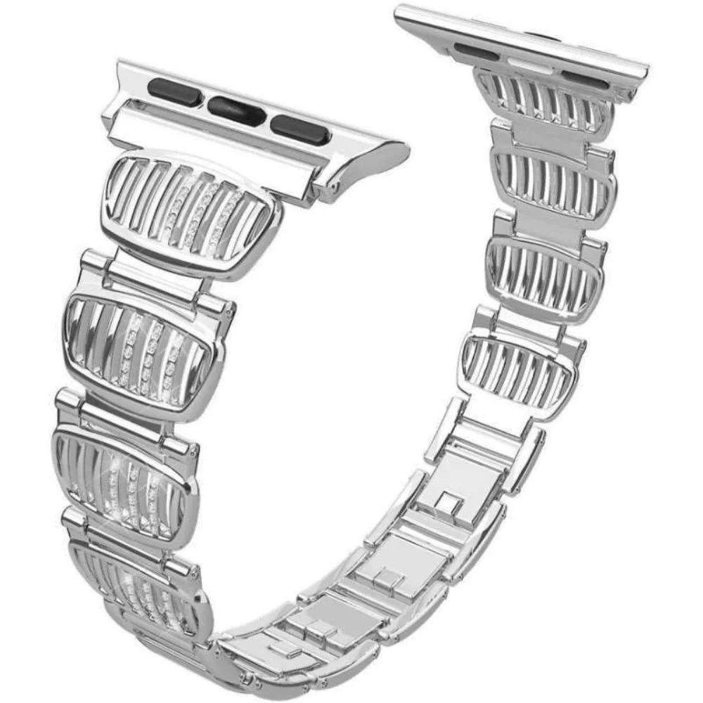 سوار ساعة أبل مخطط معدني أنيق مع لمسات الماس الأبيض - حزام بديل أنيق من الفولاذ المقاوم للصدأ لسلسلة iWatch