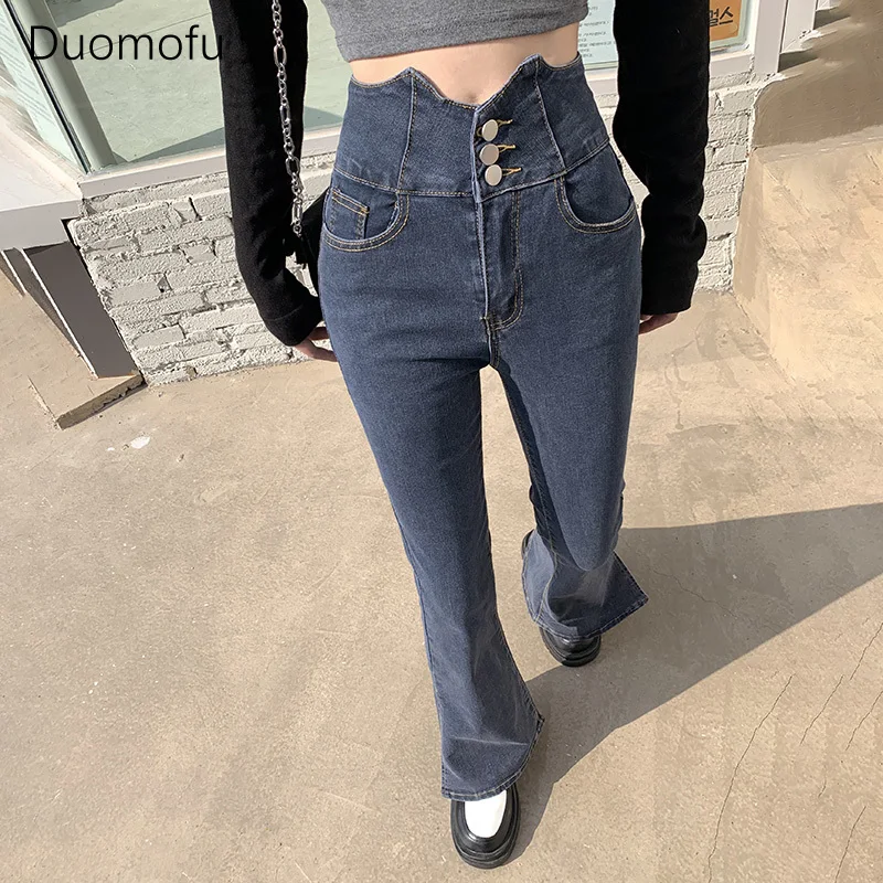 Duomofu-jeans clássico completo para mulheres, chique, dividido, solto, flare, feminino, moda coreana, cintura alta, fino, simples, casual, primavera