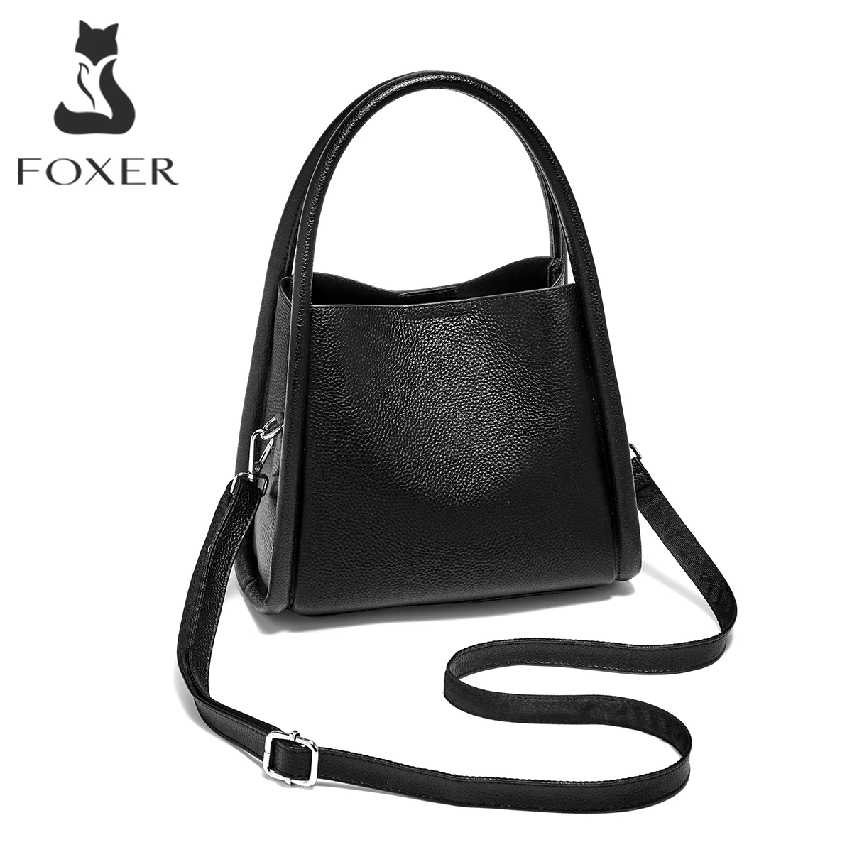 FOXER Luxury Leather Lady Shoulder Bag Genuine Leather Casual Handbag Large Women Bucket Tote Bag Daily Work Crossbody Purse