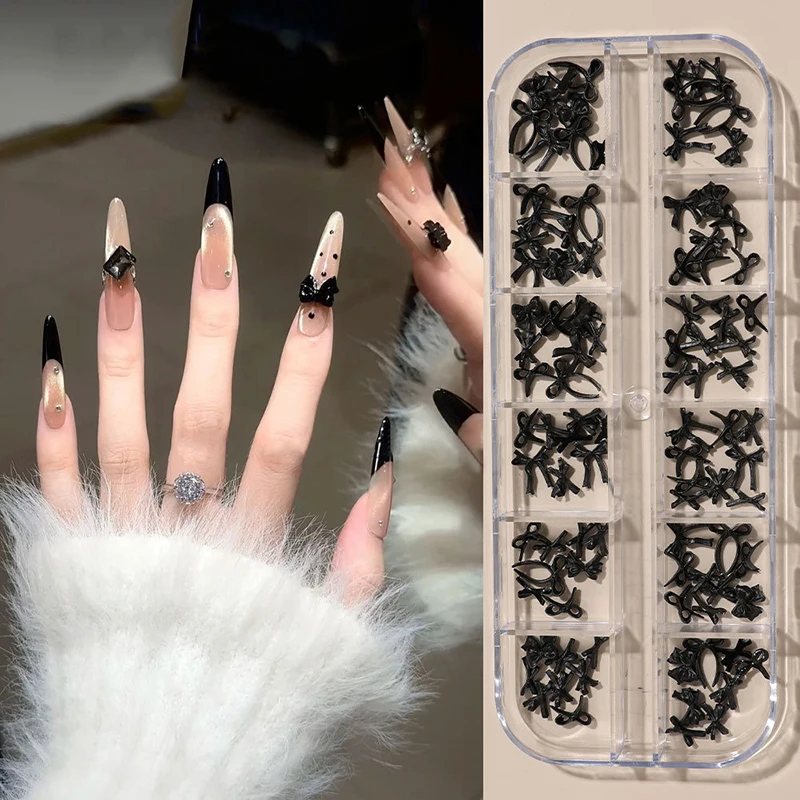 12 griglia/scatola dolce e carino papillon nero bowknot nastro charms accessori per nail art adorabili ciondoli per unghie decorazioni fai da te strumento per manicure