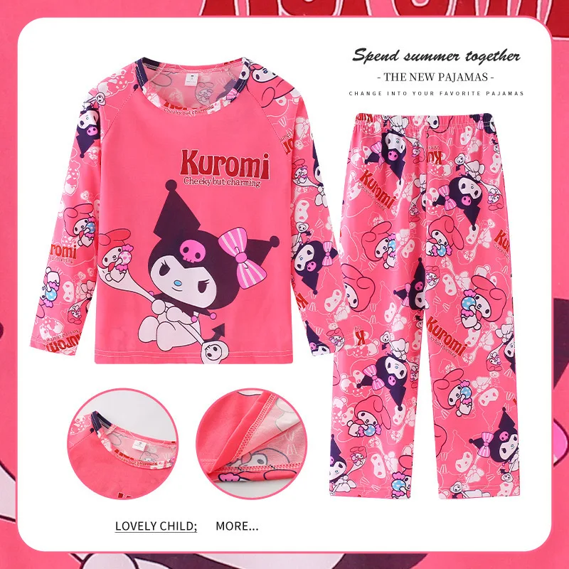 Sanrio Children's Pajamas, Pajamas, Home Clothes, Cotton Loose Thin Long-Sleeved Round Neck Pajamas Set Cartoon Hello Kitty Gift