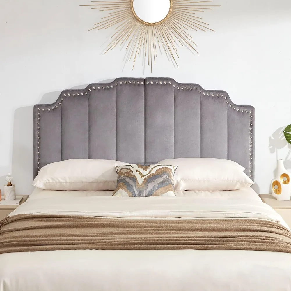 

Mid Century Headboard for Queen Size Bed, Velvet Upholstered Tufted Bed Headboard with Nailhead Decor, Adjustable Curved