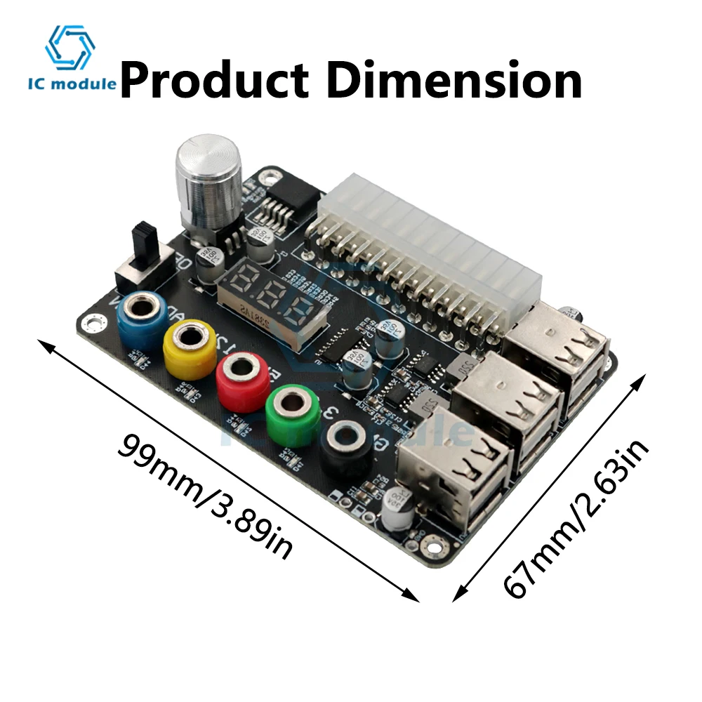 24Pin ATX Power Supply Breakout Board Power Module Adapter Connector Adjustable Voltage Knob 6 Port USB 2.0 Supports QC2.0 QC3.0
