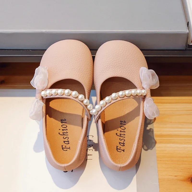 New Girl Princess Leather Shoes Chic Versatile Soft Elegant Fashion Lace Bowknot Beading Kid Loafers Wedding Slip-on Mary Janes