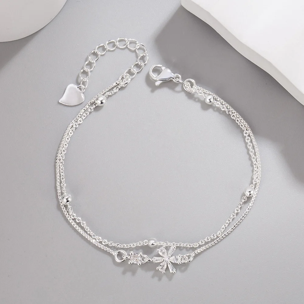 925 Sterling Silver Sweet Fashion Double Romantic Cherry Blossom Zircon Bracelet Birthday Anniversary Party Gift