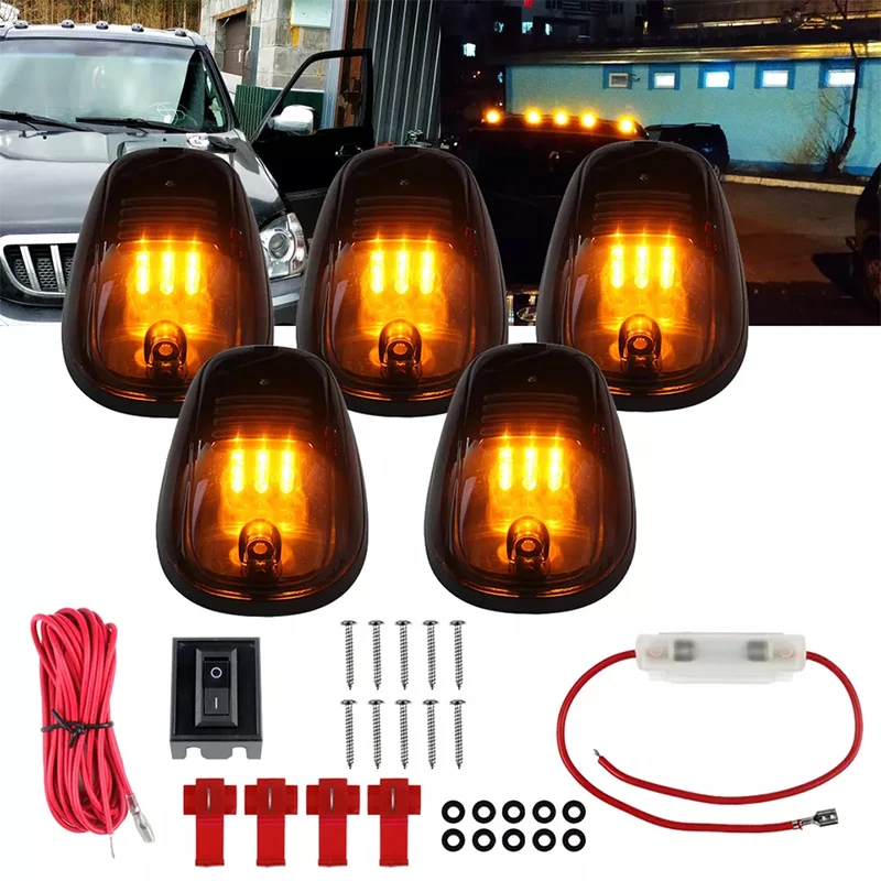 

For Truck SUV 4x4 (Black Smoked Lens Lamps) 5pcs Amber LED Cab Roof Top Marker Running Lights