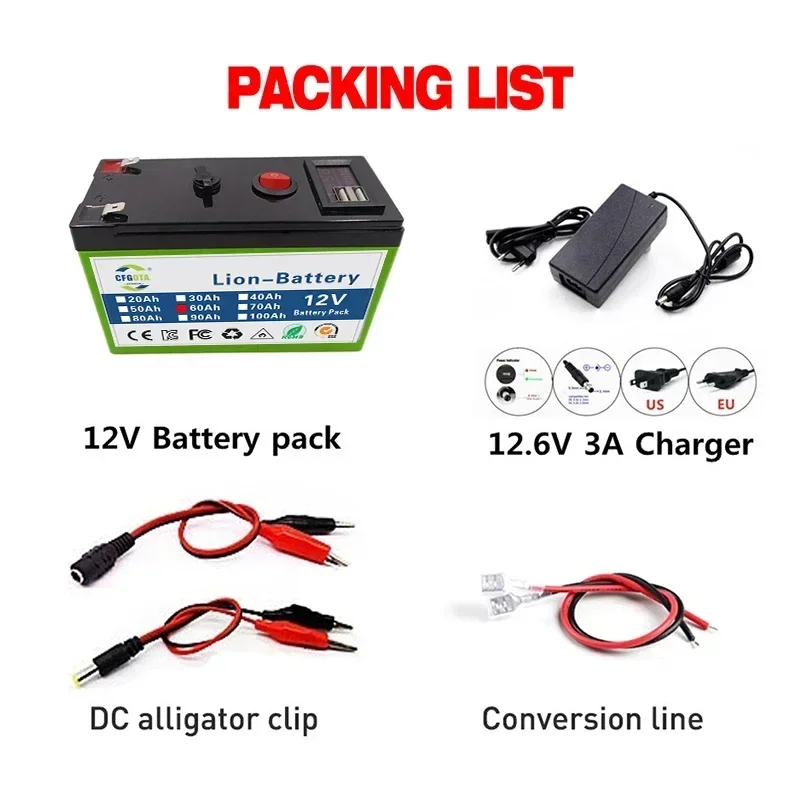 12V 80Ah Lithium Battery Pack,For Electric Boats,LED Lighting, Remote Control Toys, Inverse Tricycles 18650 Li-ion Battery