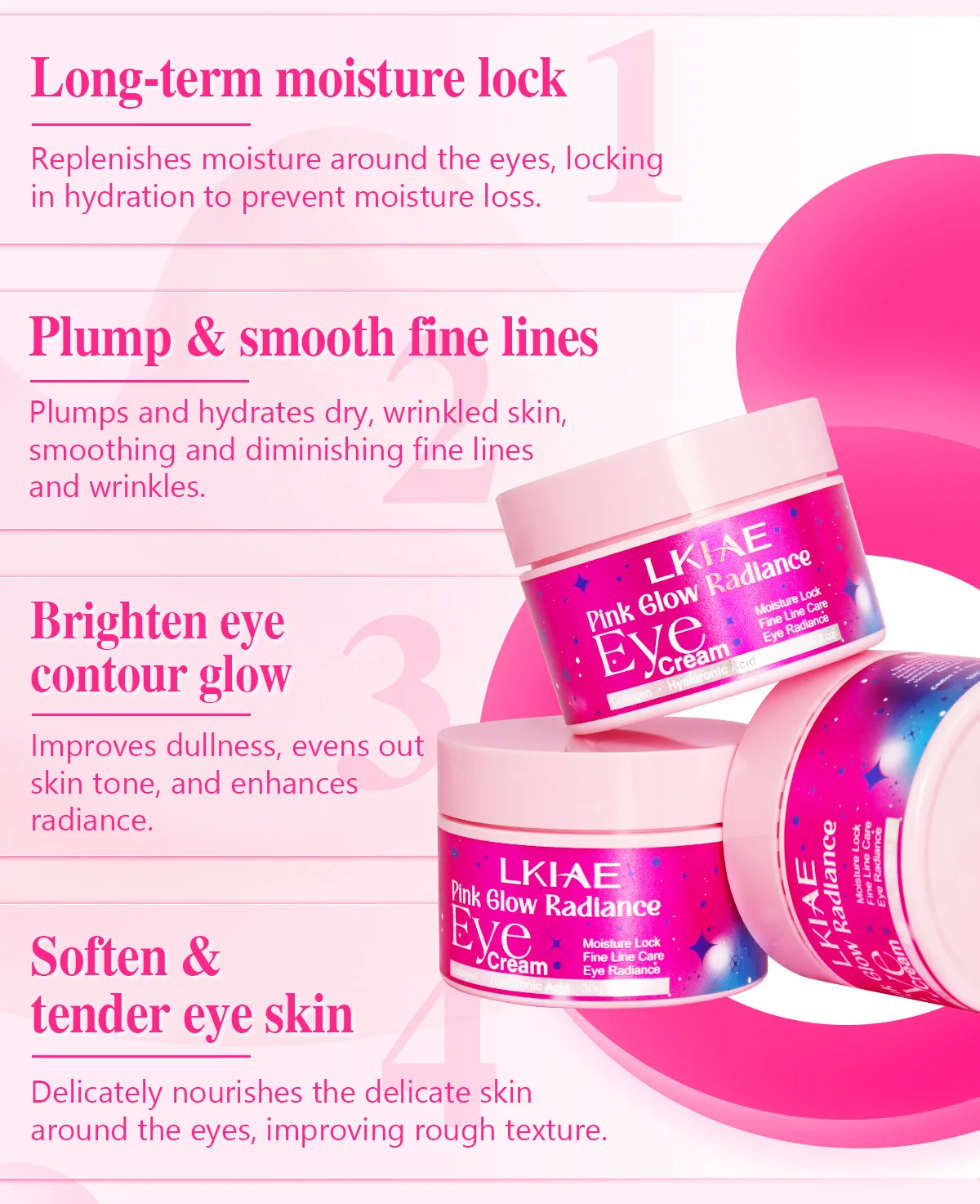 LKIAE Pink Glow Radiance Augencreme, Feuchtigkeitsspendend, Anti-Falten, Gegen Feine Linien, Dunkle Augenringe, Mit Hyaluronsäure, Kamelie, Kollagen – Detail 4