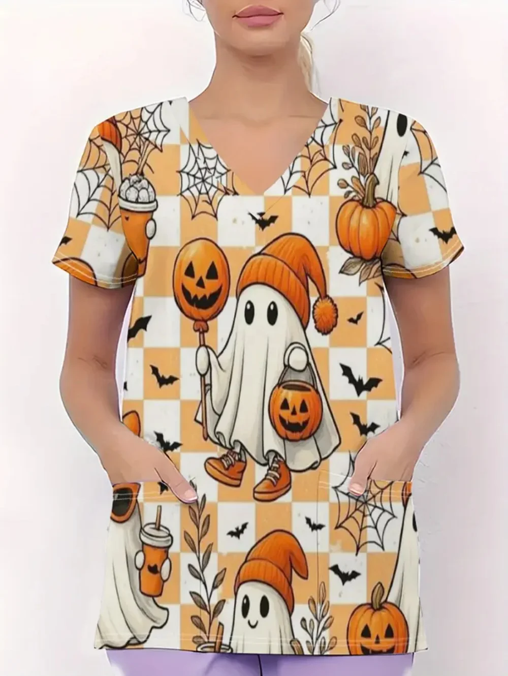 Damskie stroje na Halloween, medyczne, urocze, z wzorem dyni, bluza medyczna z dekoltem w serek, krótki rękaw, z kieszeniami, koszulka, halloweenowe stroje chirurgiczne.