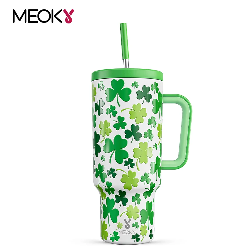 

Meoky 40oz Thermal Tumbler with Handle Straw Clover Print Stainless Steel Leak-Proof Travel Car Mug Drinkwear Vacuum Insulated