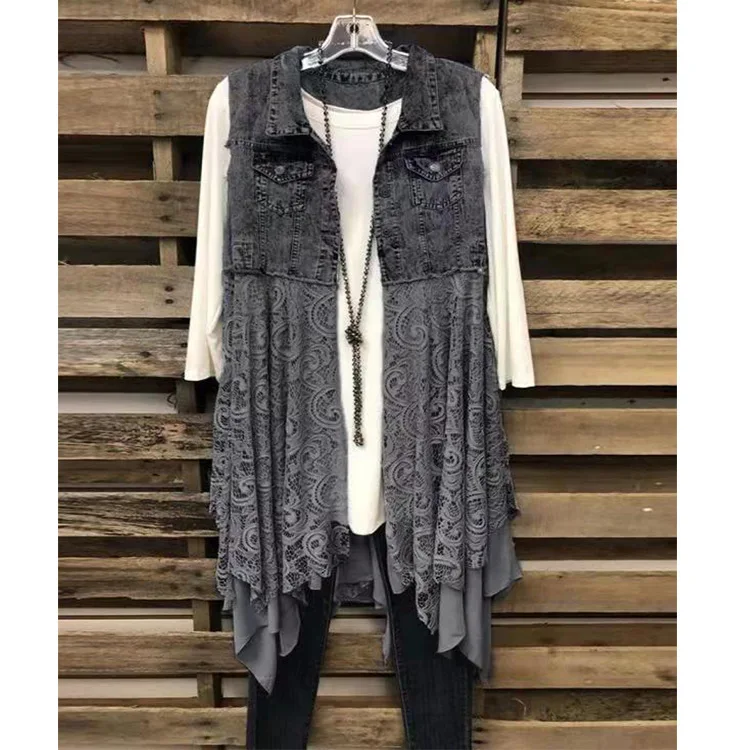 Ladies Jacket Spring and Summer All-Match Denim Vest Lace Hem Stitching Jean Vest Coat 2021 New Women Clothes