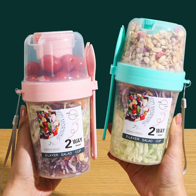 1Pc Portable Salad Cup Double Layer Oat Cup Yogurt Nut Fruit Cup Reduced Fat Outgoing Overnight Cup with Lid Spoon Breakfast Cup