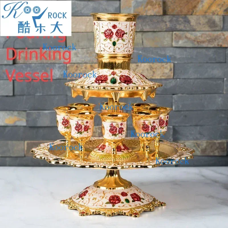 Copper Alloy Kiddush Cup & Wine Fountain Dispenser Set -Elegant Dinner Gathering Pouring Pot with Glass Holder, Promotional Gift