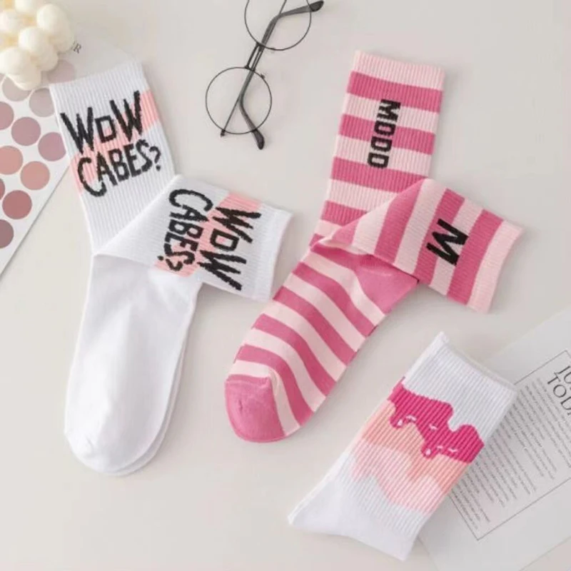 Autumn Winter Pink Sweet Love Letters Cotton Casual Middle Tube Socks Versatile Socks Trendy Long Socks