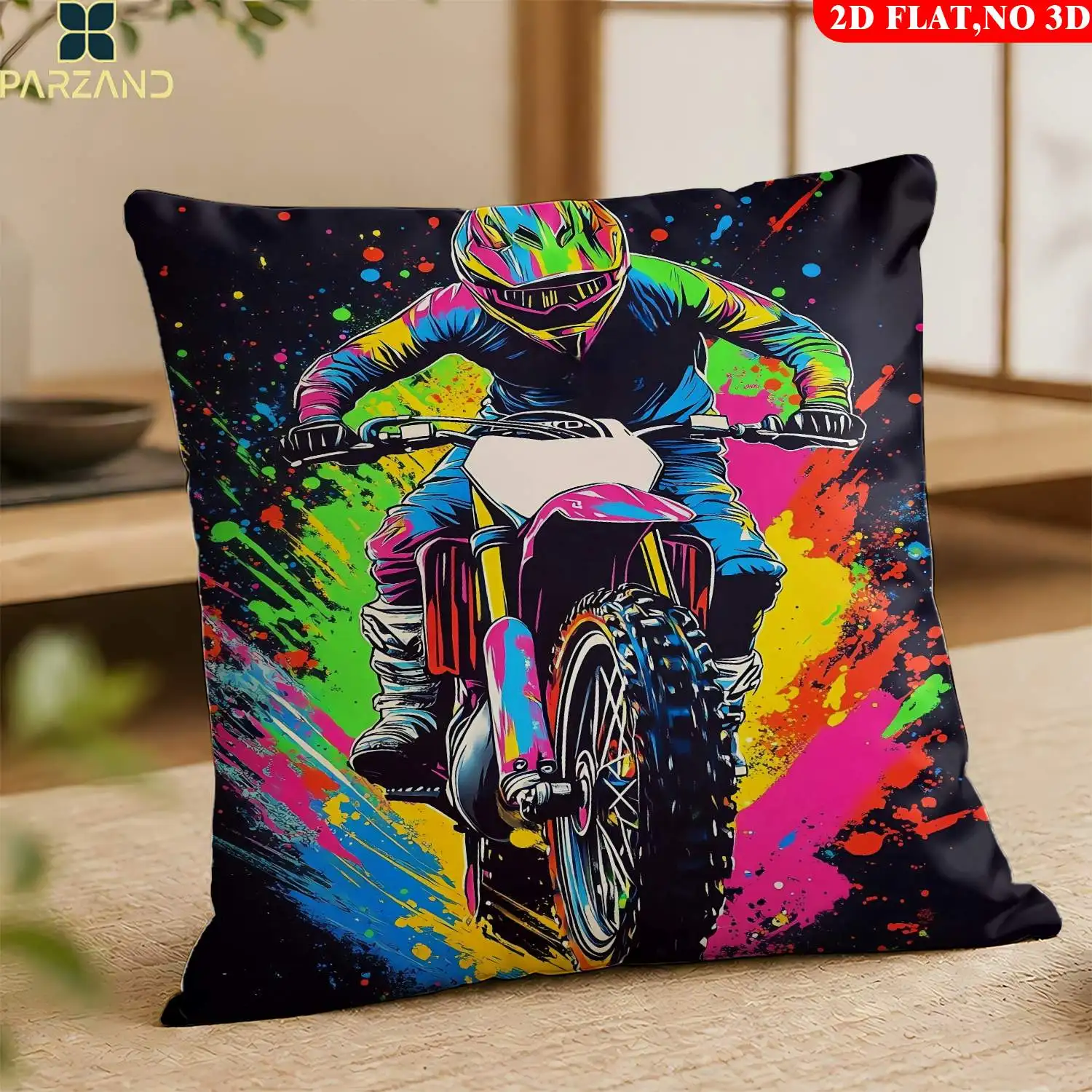1pc 2D Flat Pillow Not Included Motocross Rider Splatter Paint Art Cushion Cover Plush Extreme Sports Fan Gift Case