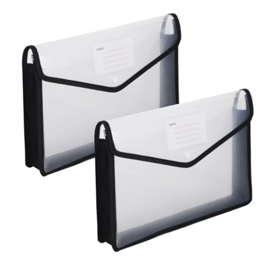 

2Pcs Plastic Expanding Folder for Documents Black Expandable File Bag Transparent Envelopes with Snap Closure Clear Document Po