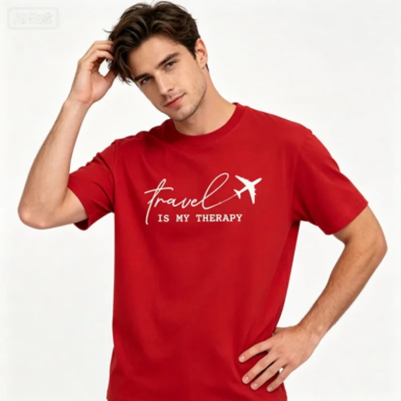 Travel Is My Therapy Airplane Graphic Mens T Shirt Wanderlust Traveler Short Sleeve Crew Neck Cotton Tee Casual Wear Top