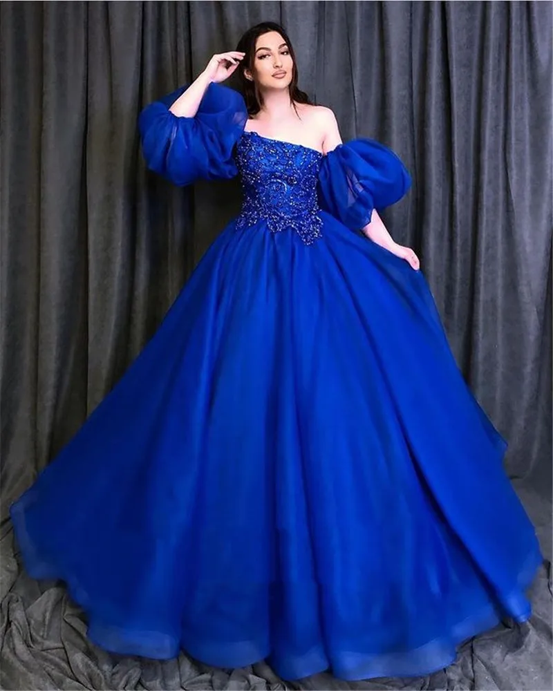 Vestido De 15 Anos Quinceanera Dresses 2024 Short Puffy Sleeves Robes De Soirée Beaded Applique Royal Blue Long Prom Party Gowns