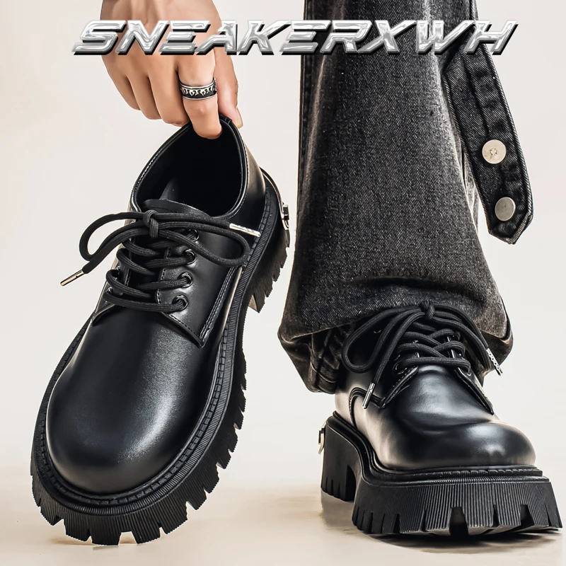 

Autumn Low-Top Men's Casual Leather Shoes - Platform Derby Loafers Round Toe Height Increasing