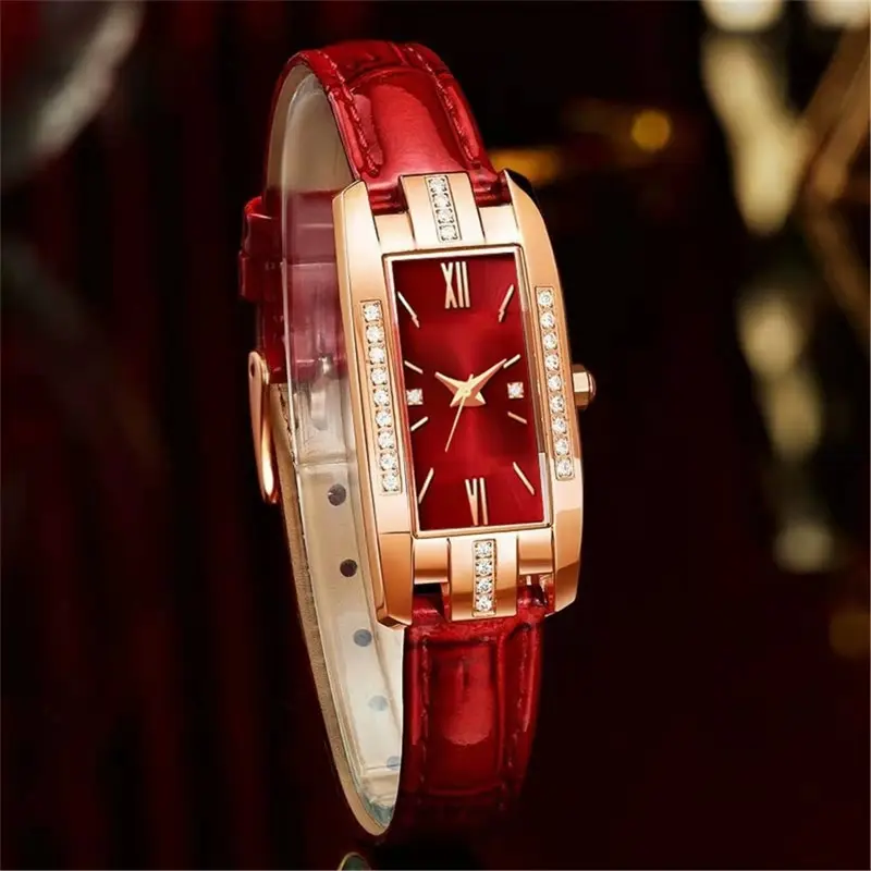 Womens Watches Fashion Square Ladies Quartz Watch Bracelet Set Green Dial Simple Leather Luxury Women Watches