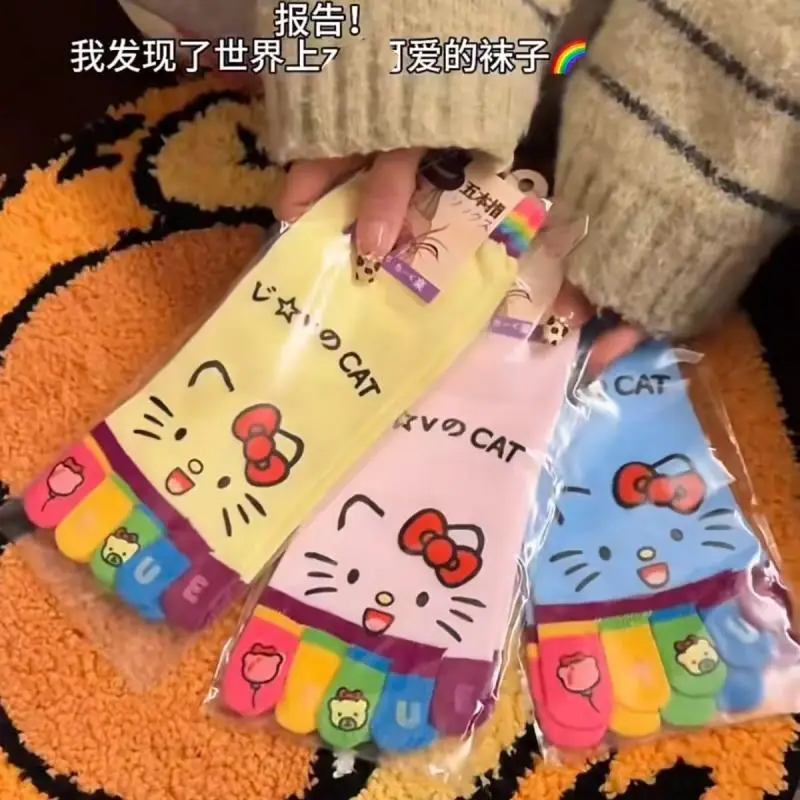 Cartoon Kawaii Hellokitty Five Finger Socks Women's Solid Color Cotton Socks Mid Tube Socks Anti Odor Split Toe Cute Toe Socks