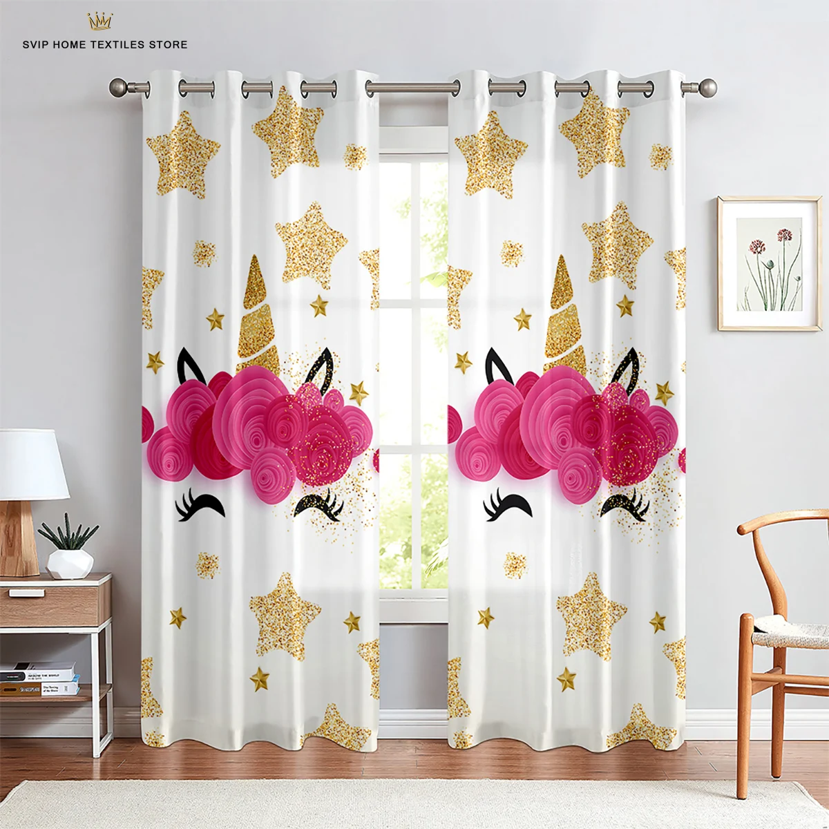 Animated Cartoon Thin Curtains, Rainbow Unicorn, Horse, Children's Room, Suitable for Living Room, Bedroom, Window Decoration