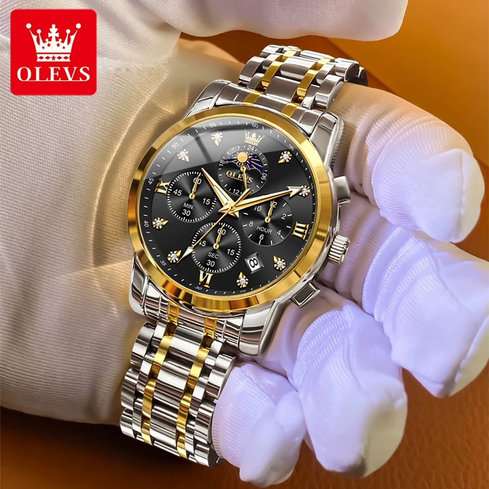 OLEVS 3655 Reloj de cuarzo de lujo para hombre, Reloj con sincronización de fase lunar a escala romana, Reloj con calendario luminoso resistente al agua, Reloj de marca para hombre