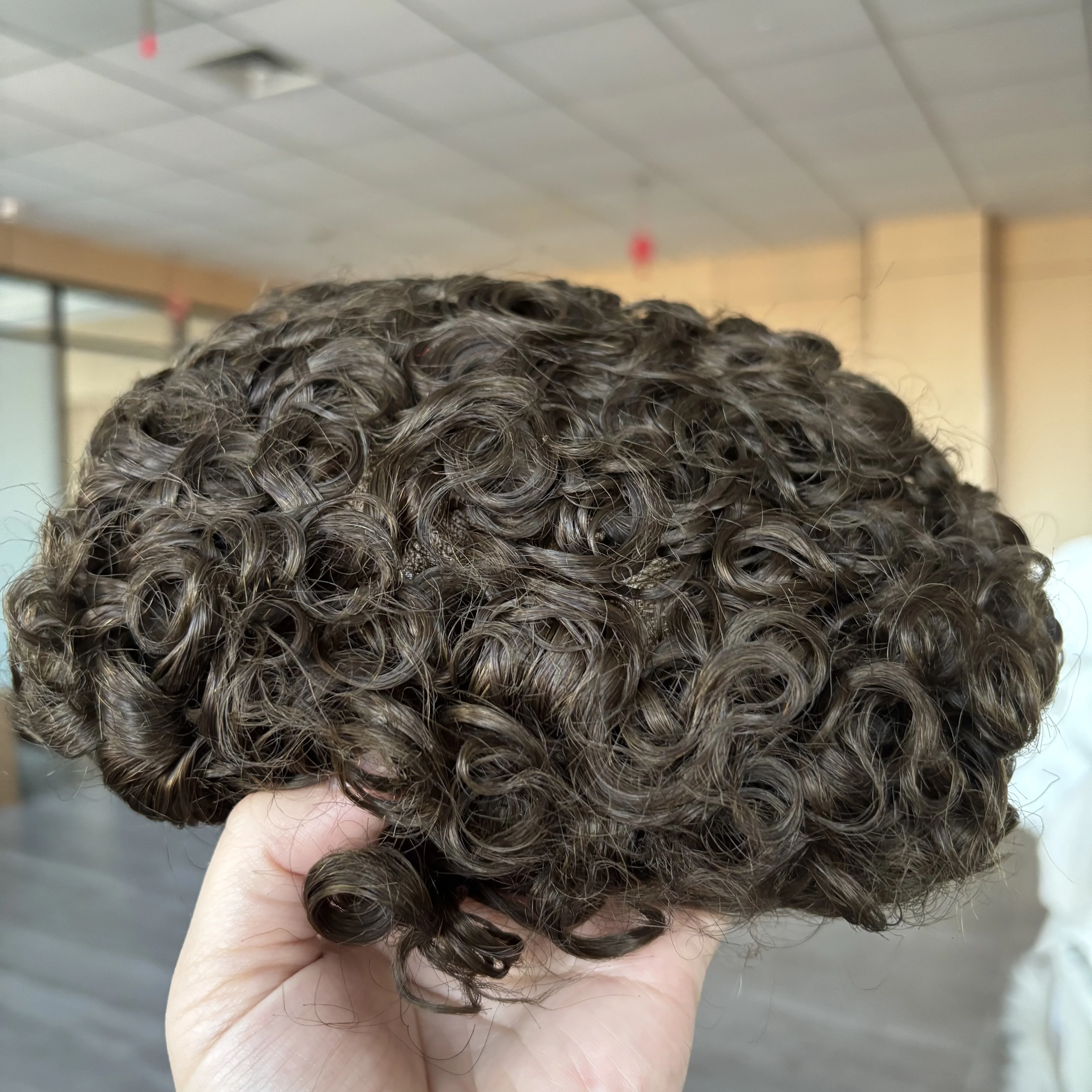 # 4 براون شقراء 20 مللي متر مجعد ريمي الشعر البشري الرجال الشعر المستعار سوبر دائم أرخص أحادية أعلى بولي PU حول رجل نظام الشعر الباروكات