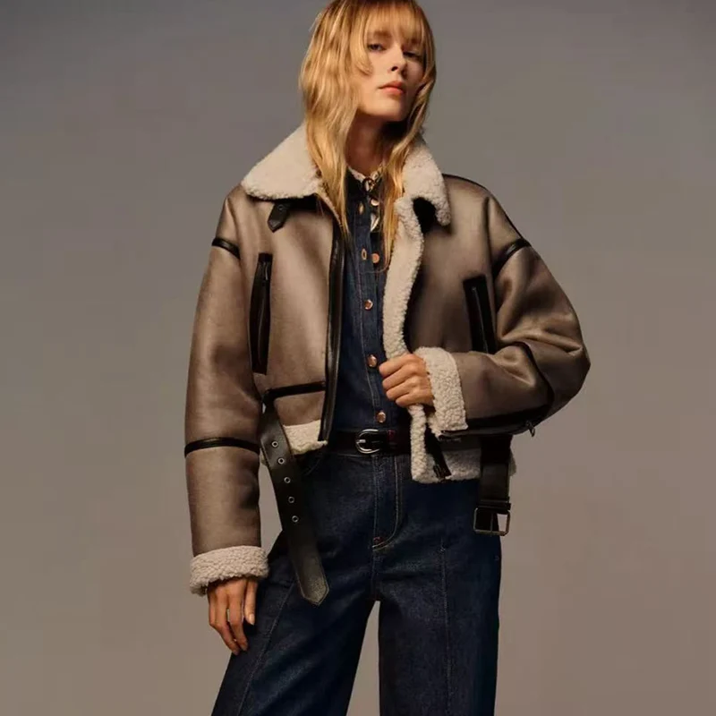 Retro Kurtka Motocyklowa z Kołnierzem, Barwiona Metodą Tie-Dye, z Futra i Skóry, Damska, Krótka, Casualowa, Luźny Krój, Jednolity Kolor, Zapinana na Zamek, Jesień Zima Nowość