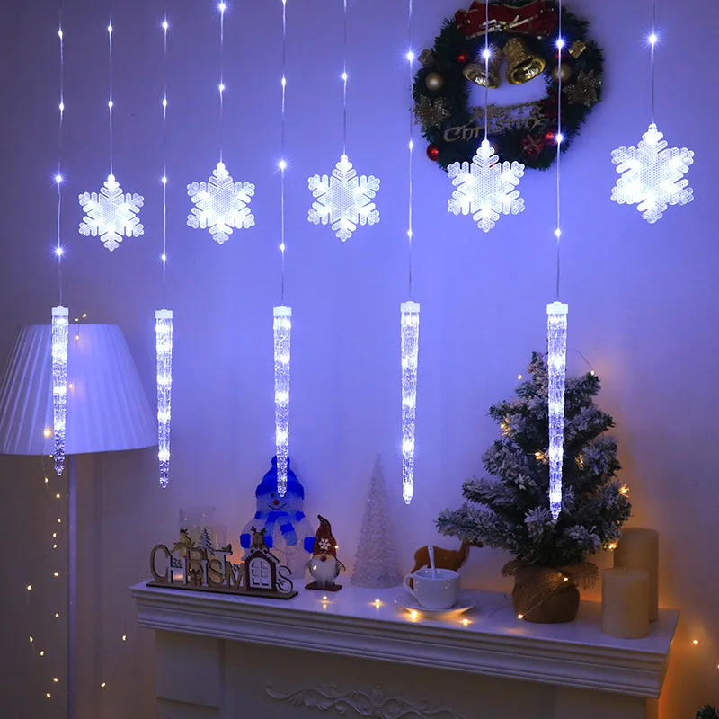 Christmas Fairy Curtain Lights 9.8ft Snowflake Ice Pick Light USB Remote Indoor Decorations Twinkle Lamp for Bedroom Xmas Window